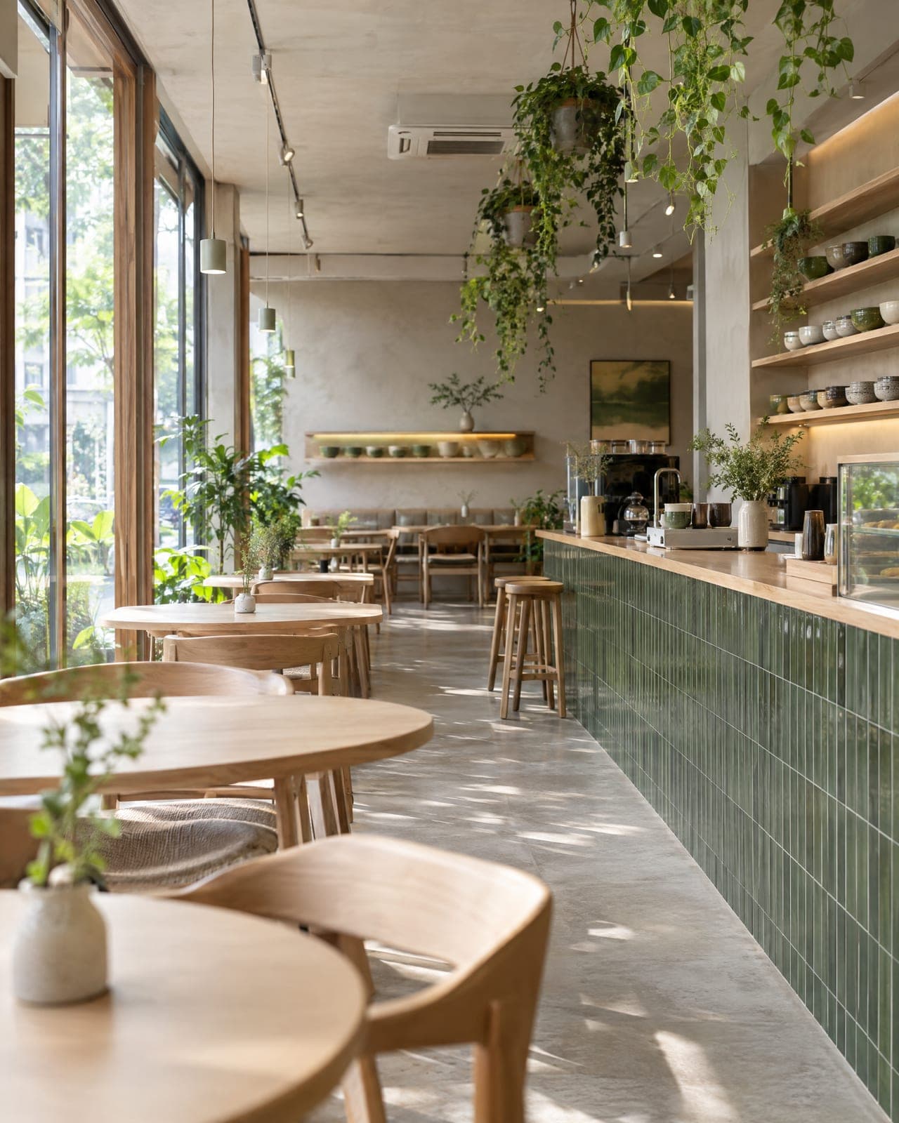 A calm matcha cafe with light wood, green tile, hanging plants and morning light