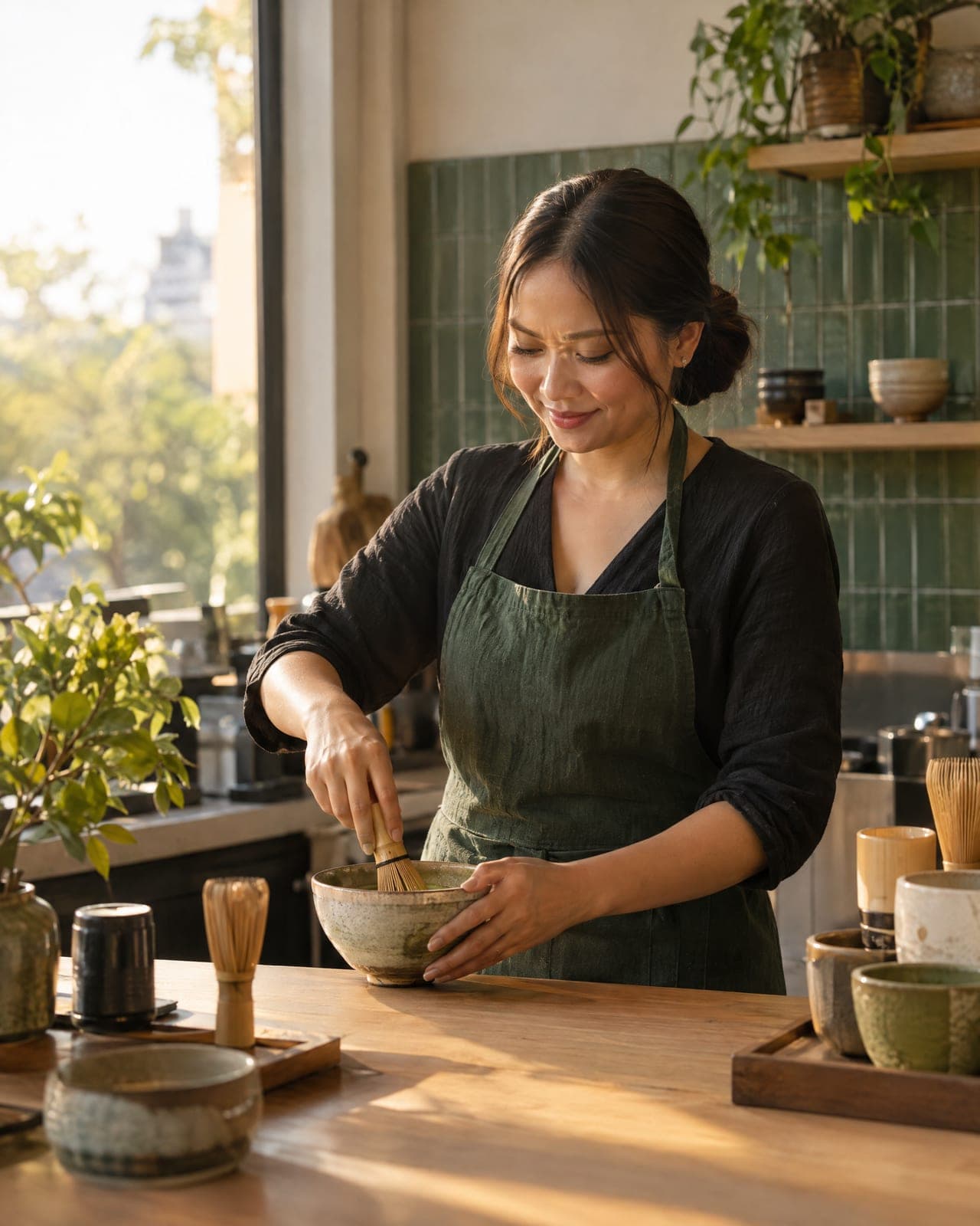 The cafe owner whisking matcha behind her light-wood counter in warm evening light