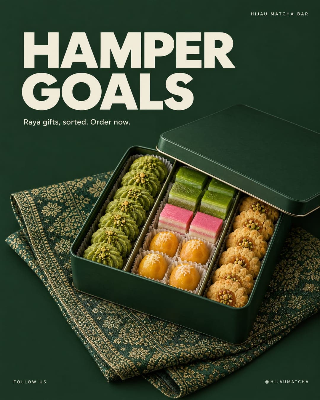 Sample post: HAMPER GOALS, a Raya gift tin of pandan-matcha cookies and kuih