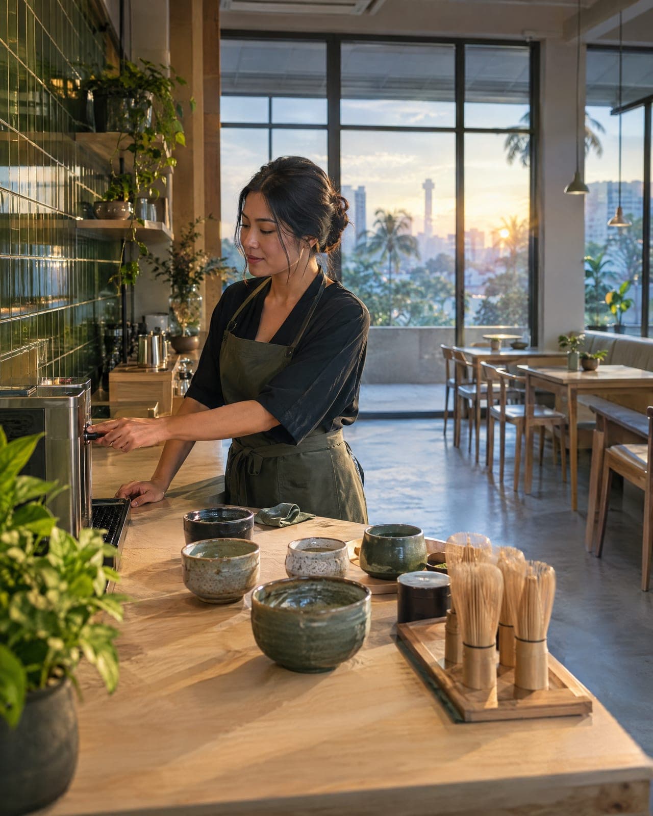 The owner opening her matcha cafe at dawn, setting out ceramic bowls and bamboo whisks